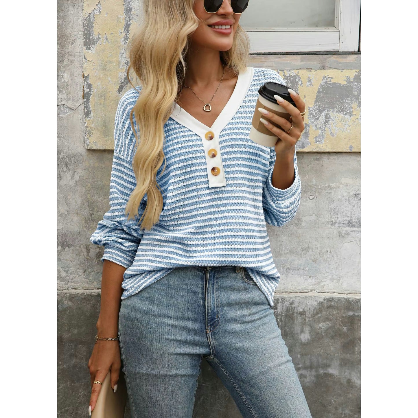 Libby Striped V Neck Waffle Knit Henley Long Sleeve Top