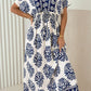 RTS Blue Boho Floral Print Contrast Patchwork V Neck Dolman Maxi Dress