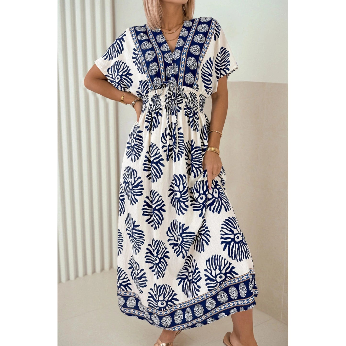 RTS Blue Boho Floral Print Contrast Patchwork V Neck Dolman Maxi Dress