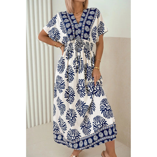 RTS Blue Boho Floral Print Contrast Patchwork V Neck Dolman Maxi Dress