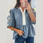 Beth Blue Color Block Patchwork V Neck Embroidered Puff Sleeve Babydoll Blouse
