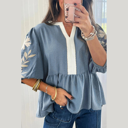 Beth Blue Color Block Patchwork V Neck Embroidered Puff Sleeve Babydoll Blouse