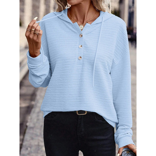 Kacey Blue Drawstring Quarter Button Hoodie