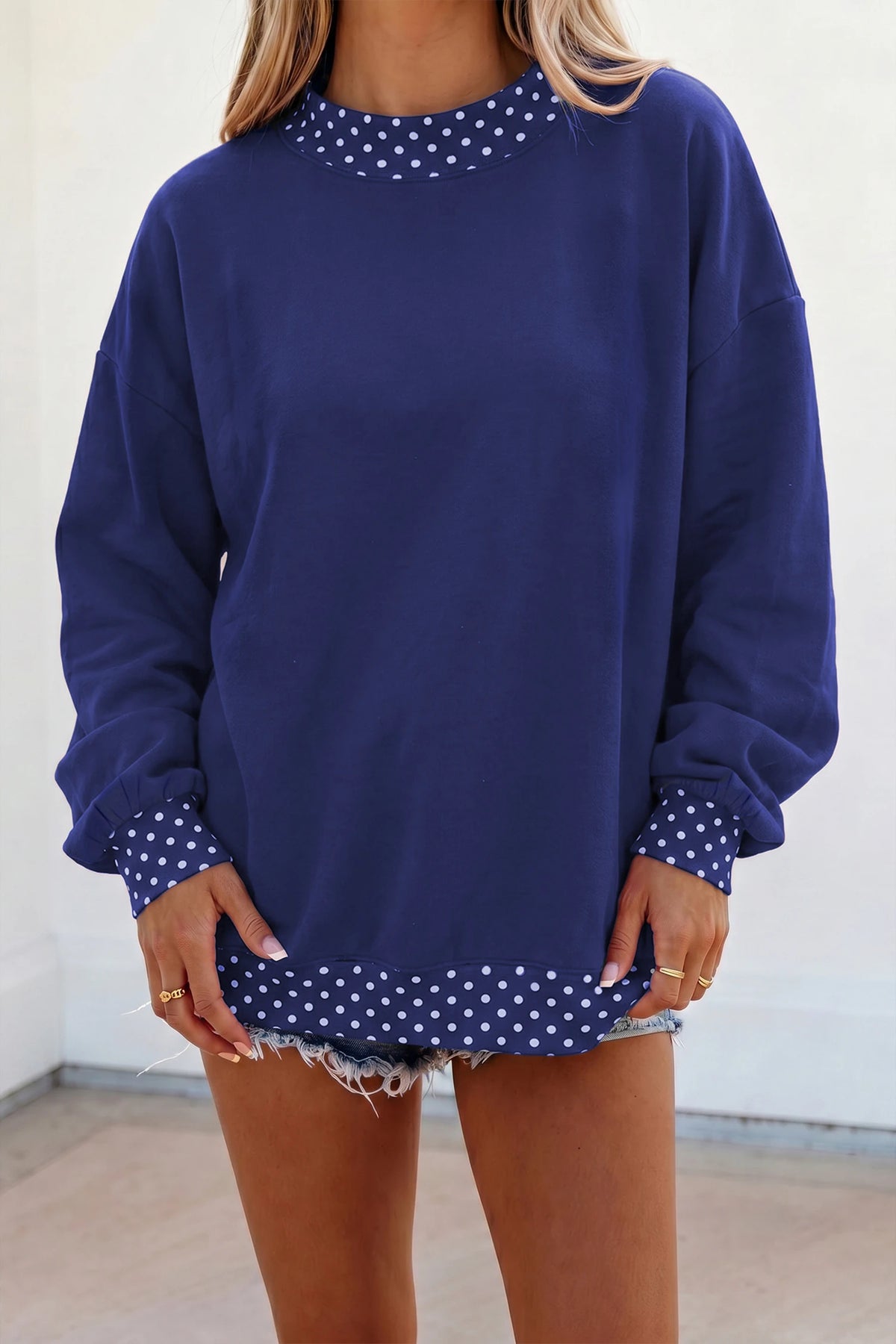 Phoebe Navy Colorblock Polka Dot Contrast Trim Oversized Sweatshirt