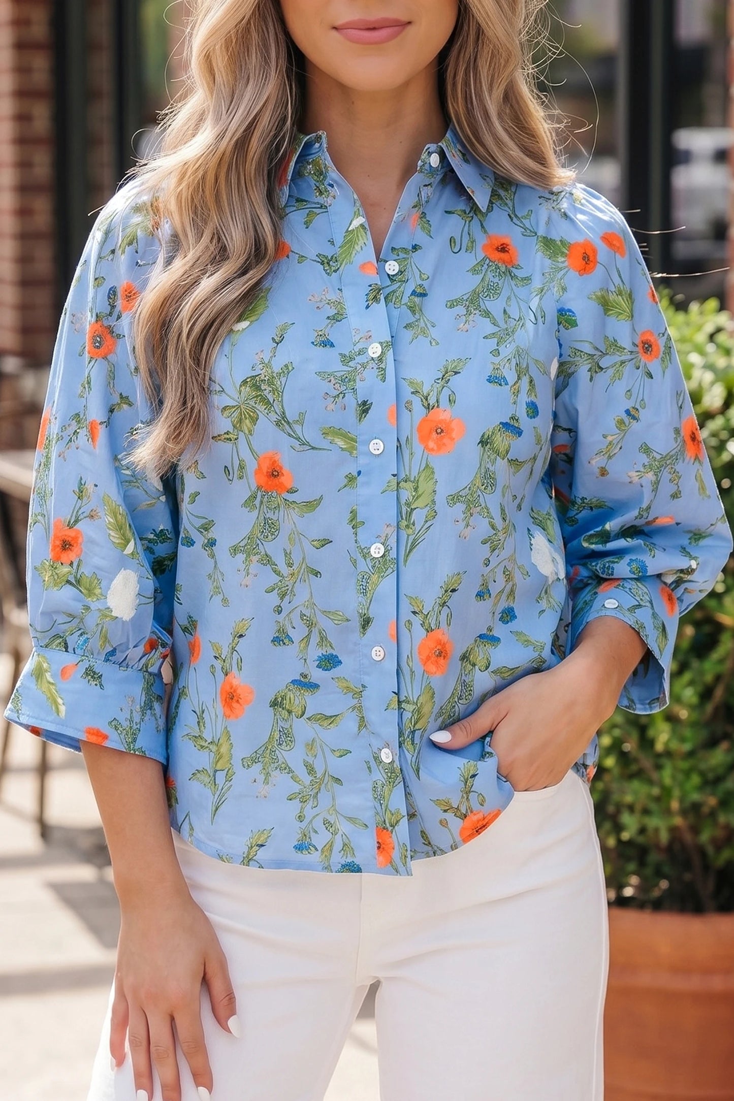 RTS Sky Blue Floral Print Bracelet Sleeve Button Down Casual Shirt