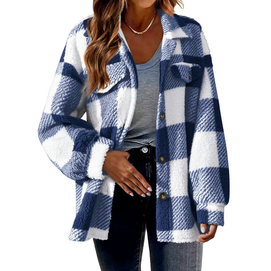 Carmelita Blue Plaid Sherpa Blue Button Up Coat