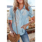 Porsha Light Blue Floral Ric Rac Edge Puff Sleeve Button Up Summer Shirt
