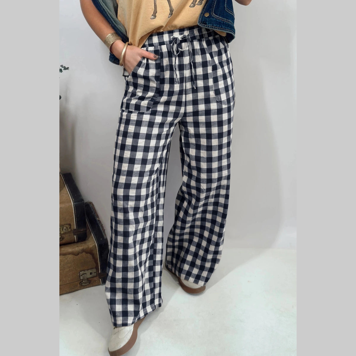 Cadence Blue Gingham Plaid Tie Elastic Waist Shift Pants