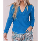 Hayley Blue V Neck Ribbed Stitched Detail Long Sleeve Top