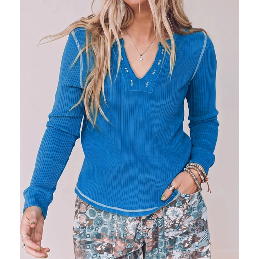 Hayley Blue V Neck Ribbed Stitched Detail Long Sleeve Top