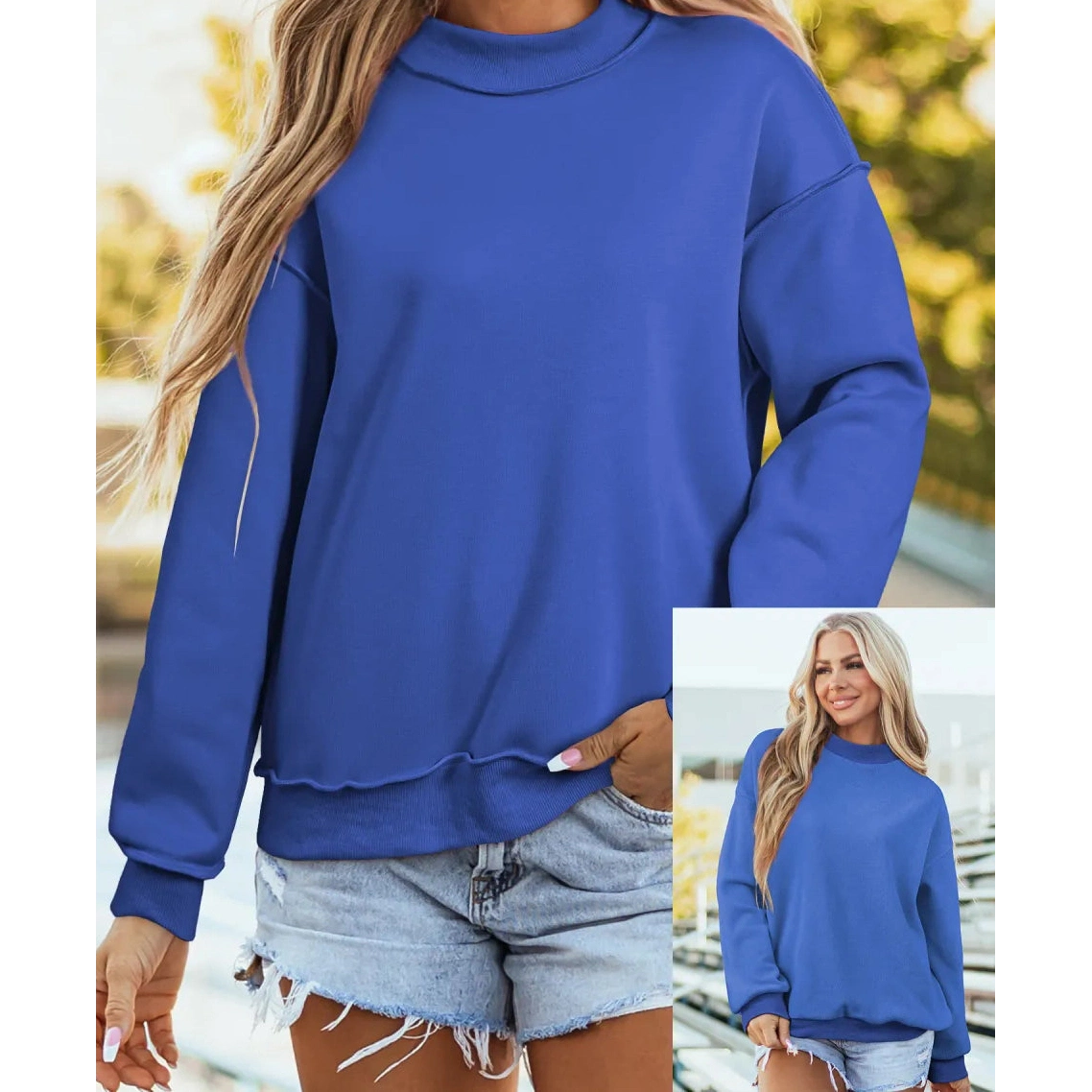 Alessia Dark Blue Oversize Drop Shoulder Reversible Mock Neck Sweatshirt