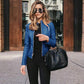 Essey Blue Faux Leather Cropped Zip Up Jacket