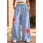 Kendyl Blue Color Block Flower Patchwork Drawstring Contrasted Elastic Waist Wide Leg Pants