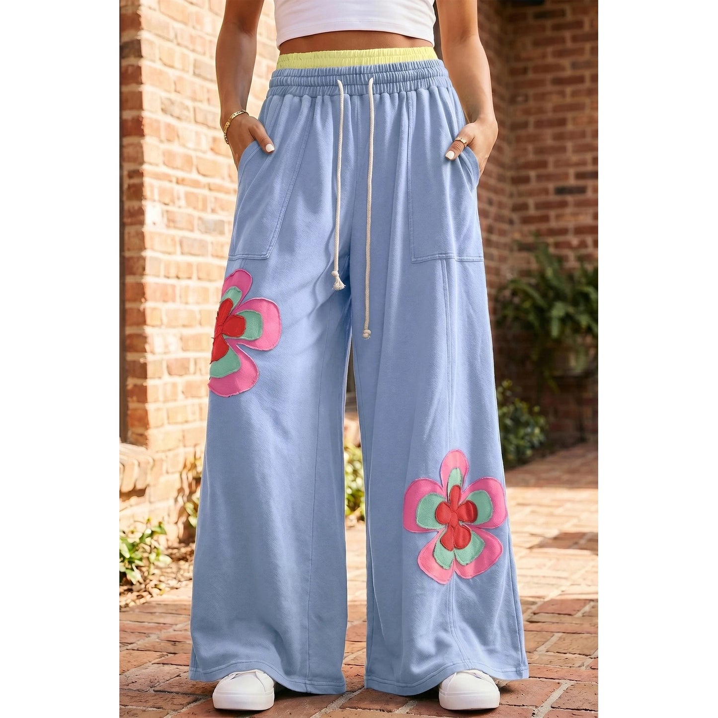 Kendyl Blue Color Block Flower Patchwork Drawstring Contrasted Elastic Waist Wide Leg Pants