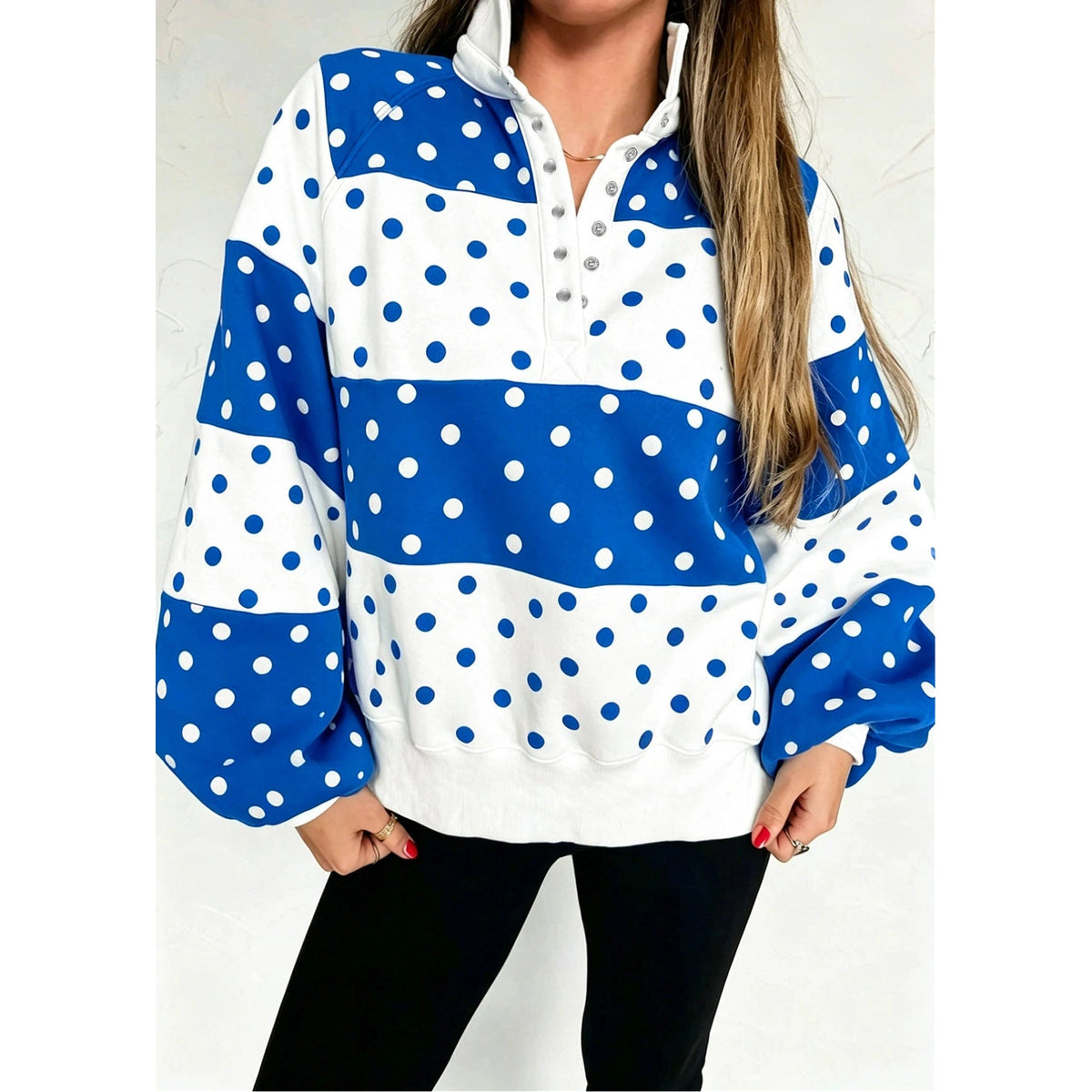 Chey Blue Polka Dot Colorblock Half Zip Puff Sleeve Pullover Sweatshirt