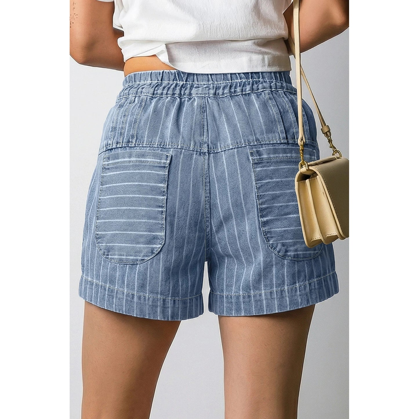 Bobbi Sky Blue Stripe Drawstring Button Pleated High Waist Denim Shorts