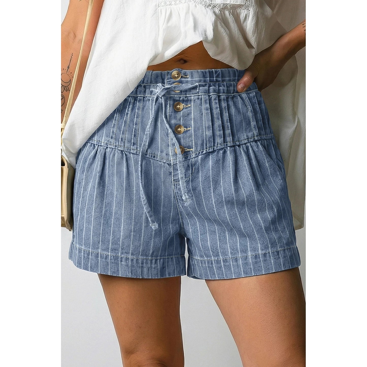 Bobbi Sky Blue Stripe Drawstring Button Pleated High Waist Denim Shorts