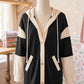 Bonnel Black Waffle Contrast Knit Color Block Patchwork Button Front Oversize Hoodie