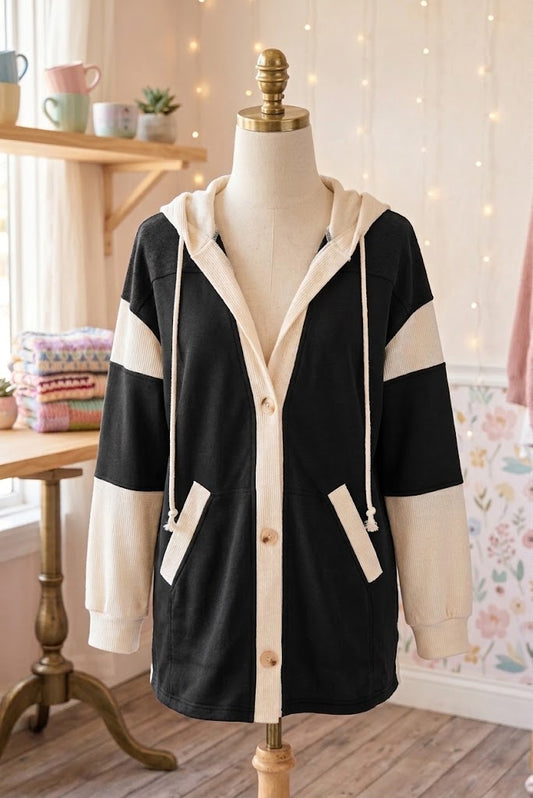 Bonnel Black Waffle Contrast Knit Color Block Patchwork Button Front Oversize Hoodie