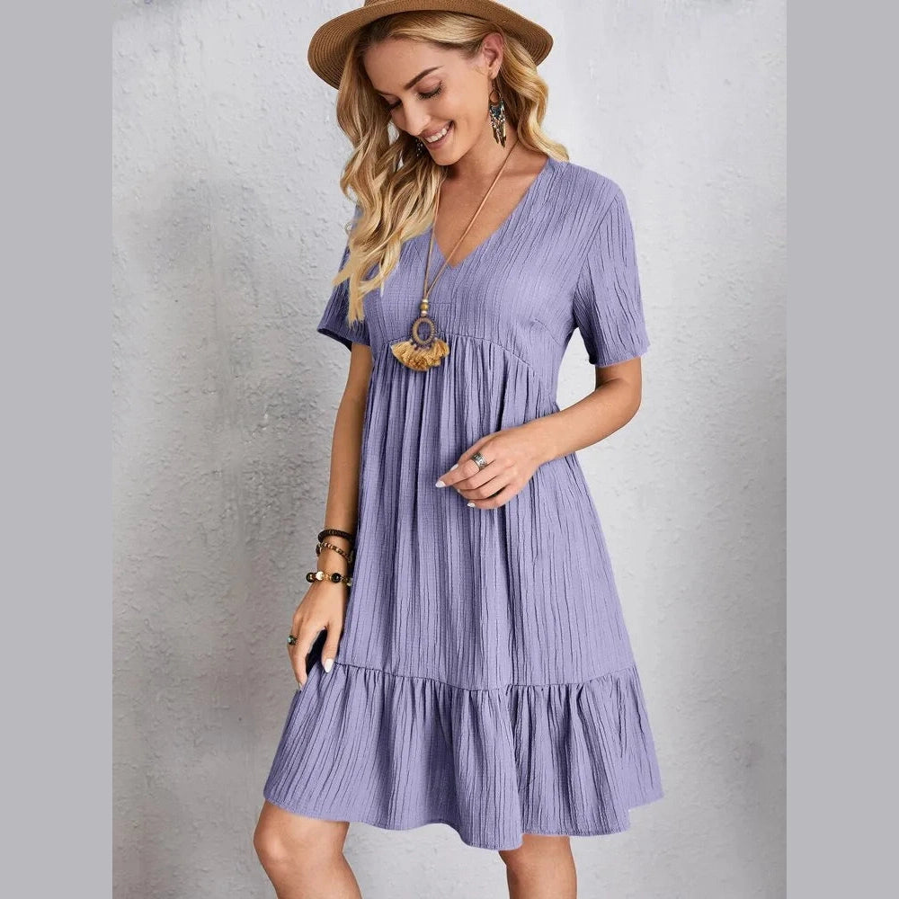 Boski Lilac V Neck Crinkled Ruffle Hem Mini Dress - S to 3X
