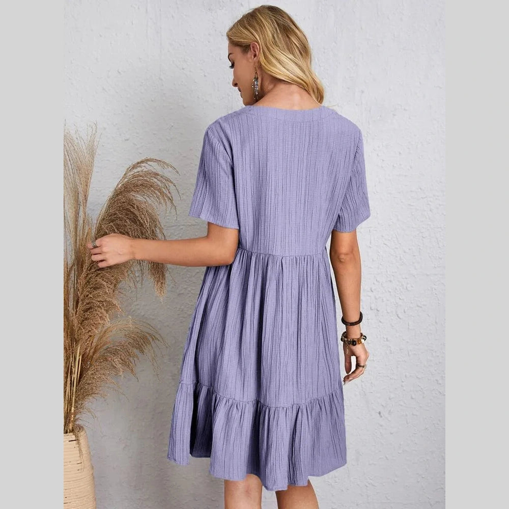 Boski Lilac V Neck Crinkled Ruffle Hem Mini Dress - S to 3X