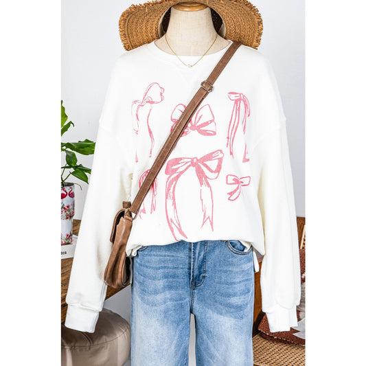 REDUCED!!!  Jadis White Bowknot Pattern Corded Long Sleeve Drop Shoulder Top REDUCED!!!