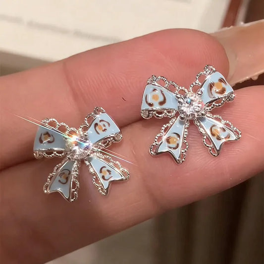 Blue Enamel Bow Statement Stud Earrings