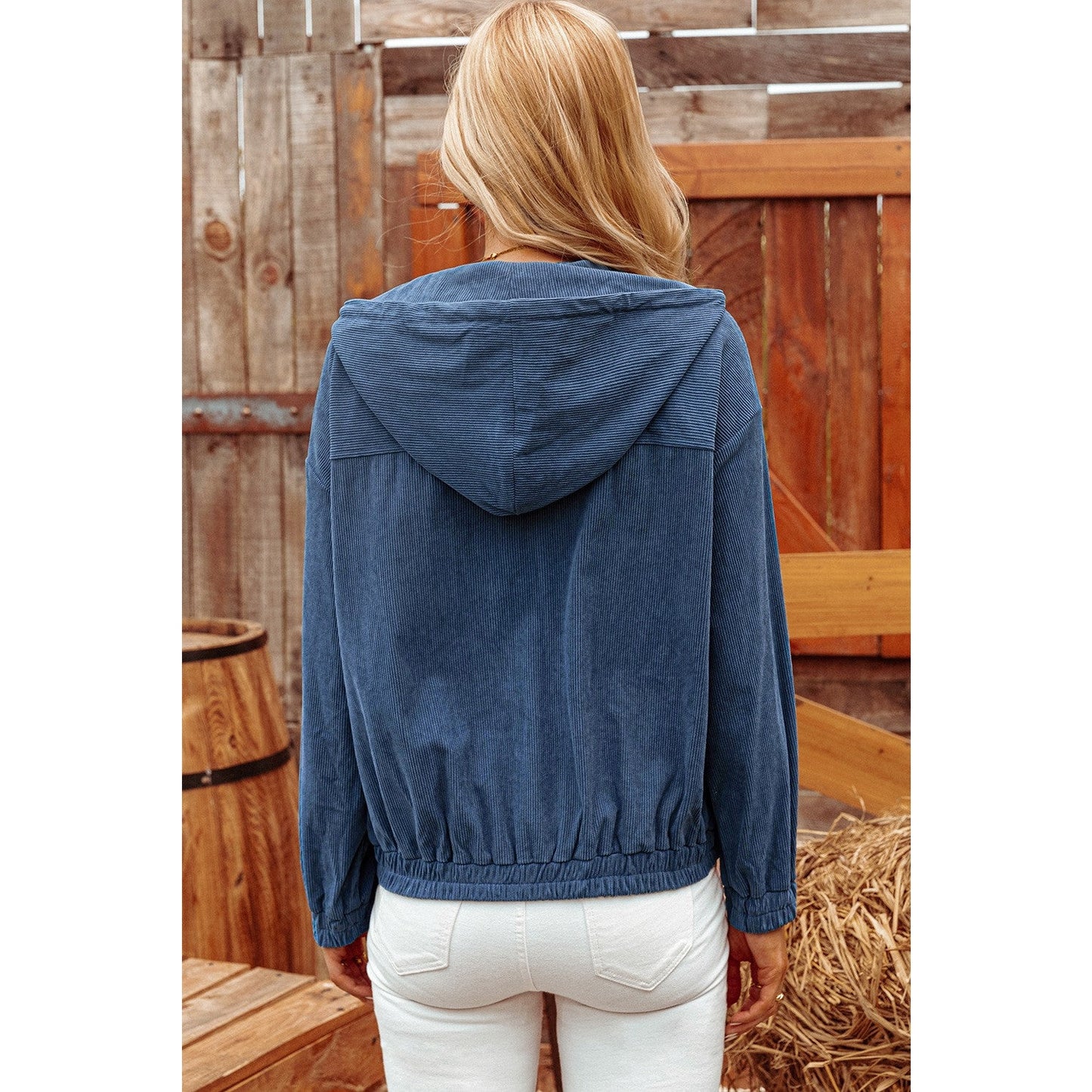 Brayla Blue Corduroy Drawstring Hooded Pocket Zip Up Jacket