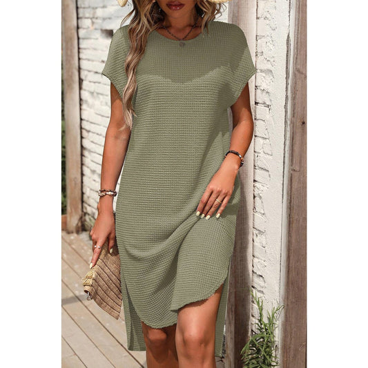 Brea Jungle Green Waffle Texture Curved Hem Side Slit T-shirt Dress