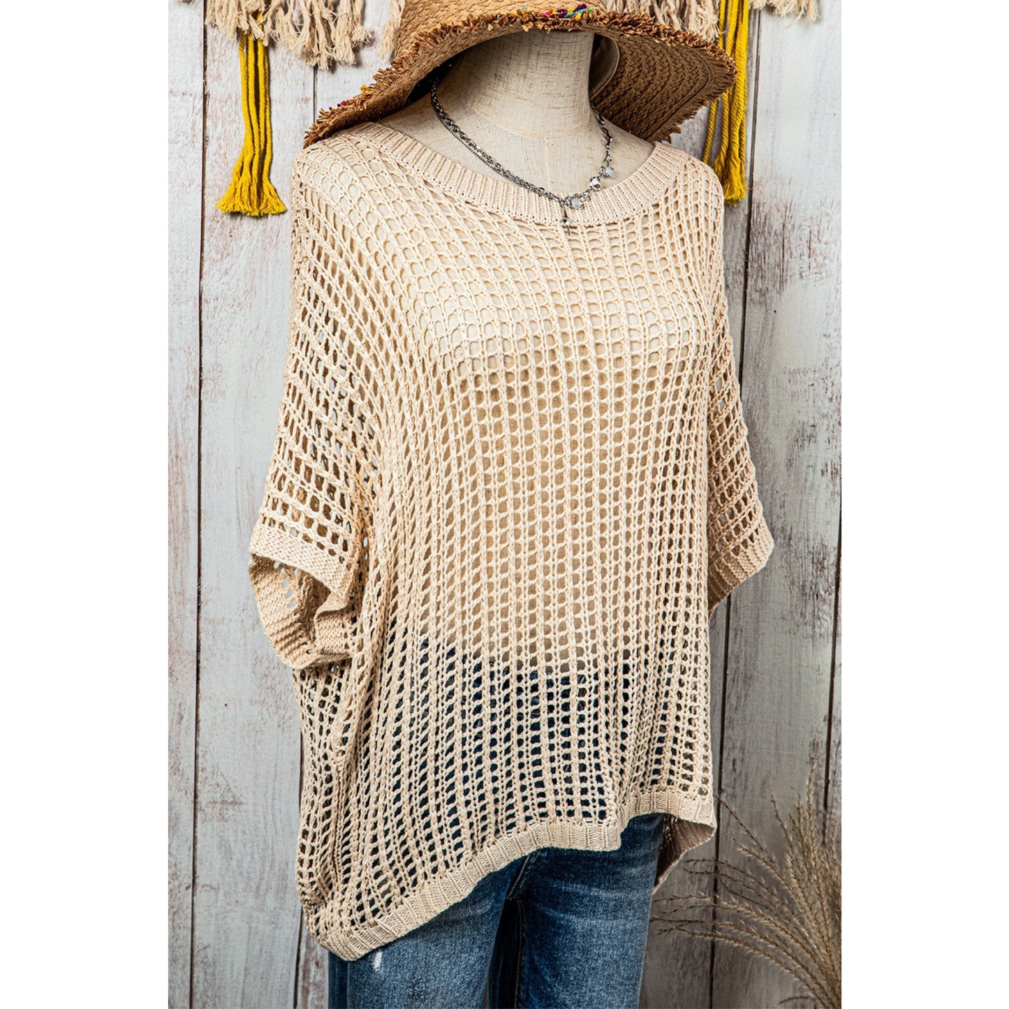 Brecklyn Apricot Fishnet Knit Ribbed Round Neck Sweater