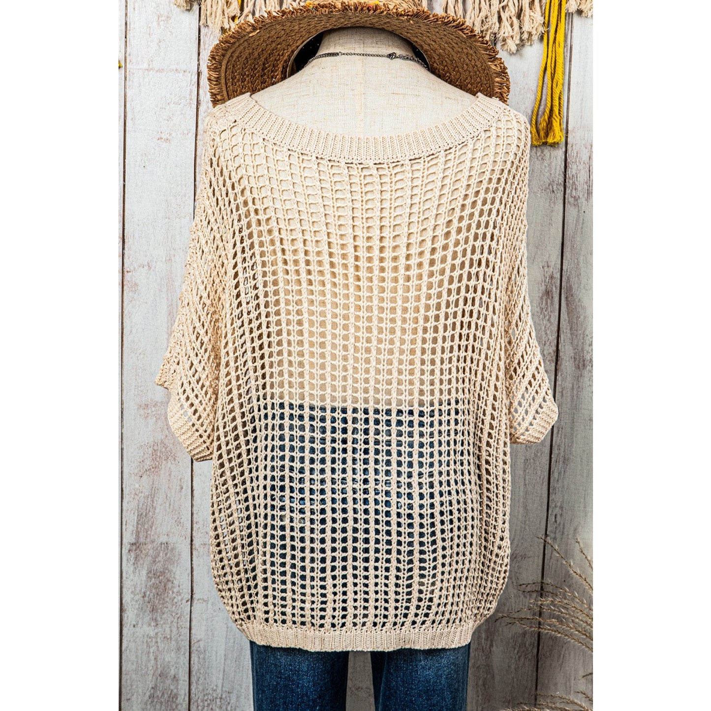 Brecklyn Apricot Fishnet Knit Ribbed Round Neck Sweater