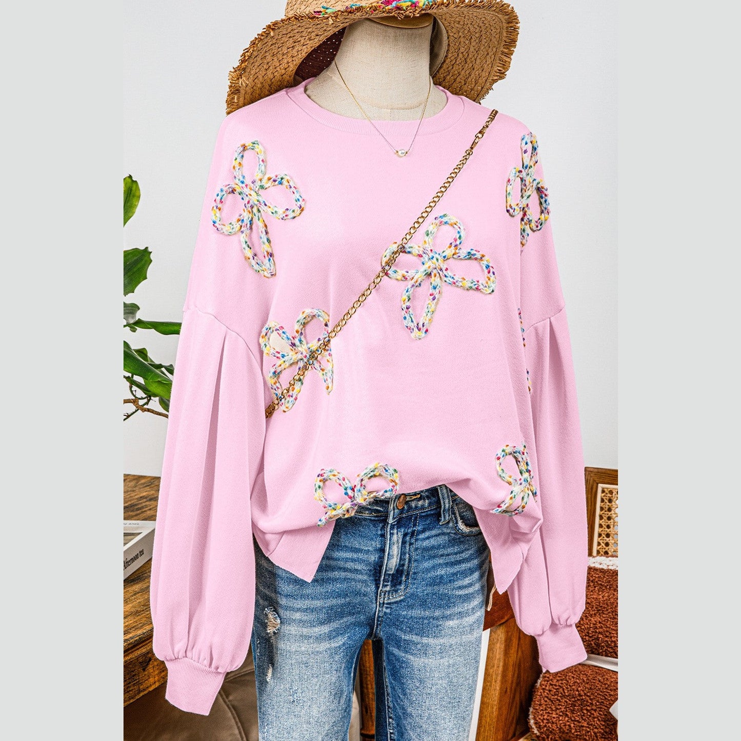 RTS Brecklyn Light Pink Embroidered Bow Lantern Sleeve Oversized Pullover Sweatshirt