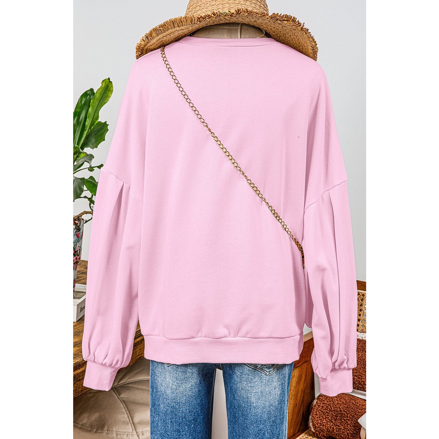 RTS Brecklyn Light Pink Embroidered Bow Lantern Sleeve Oversized Pullover Sweatshirt