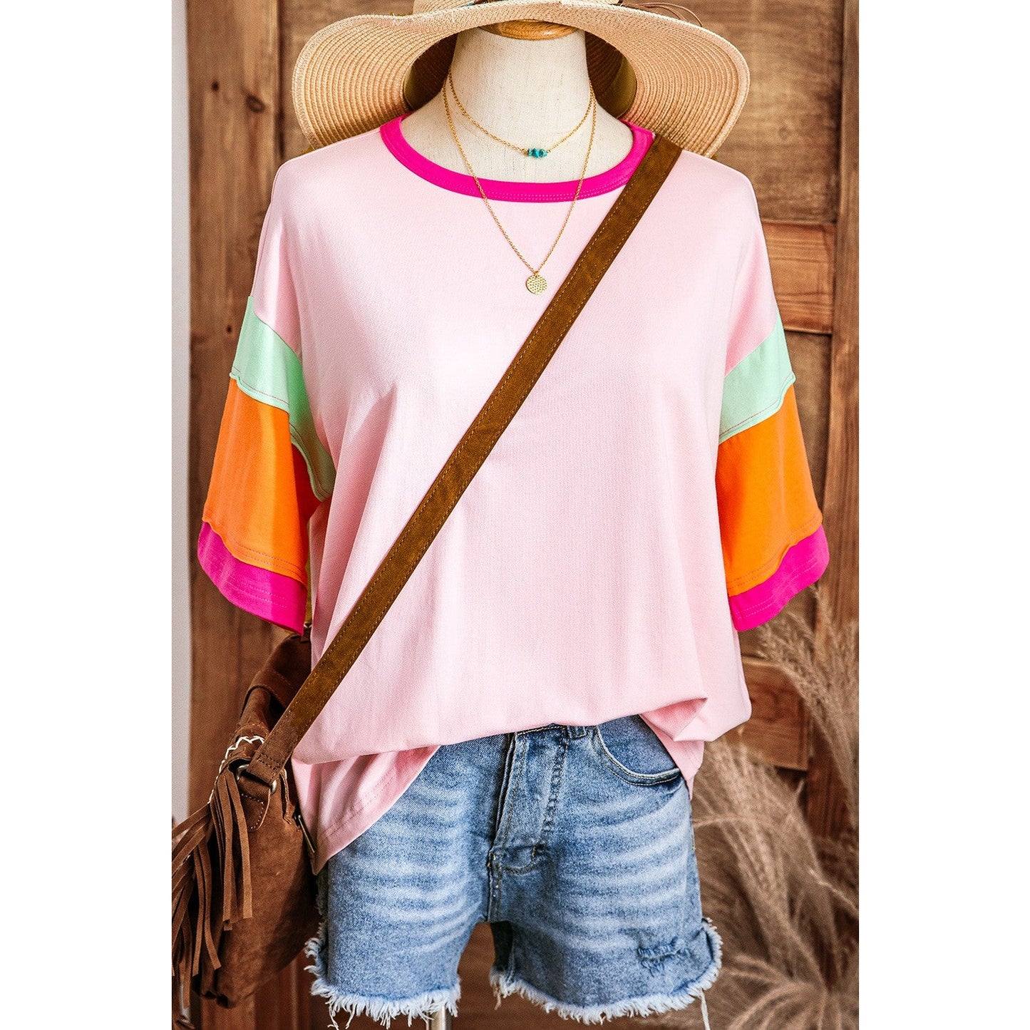 Bree Pink Color Block Stitching Sleeve Round Neck Oversize Top