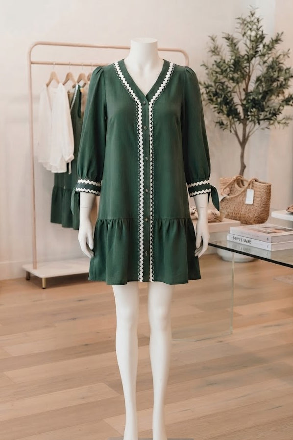 Bree Green Contrast Ricrac Trim Button V Neck Knotted Bracelet Sleeve Shift Dress