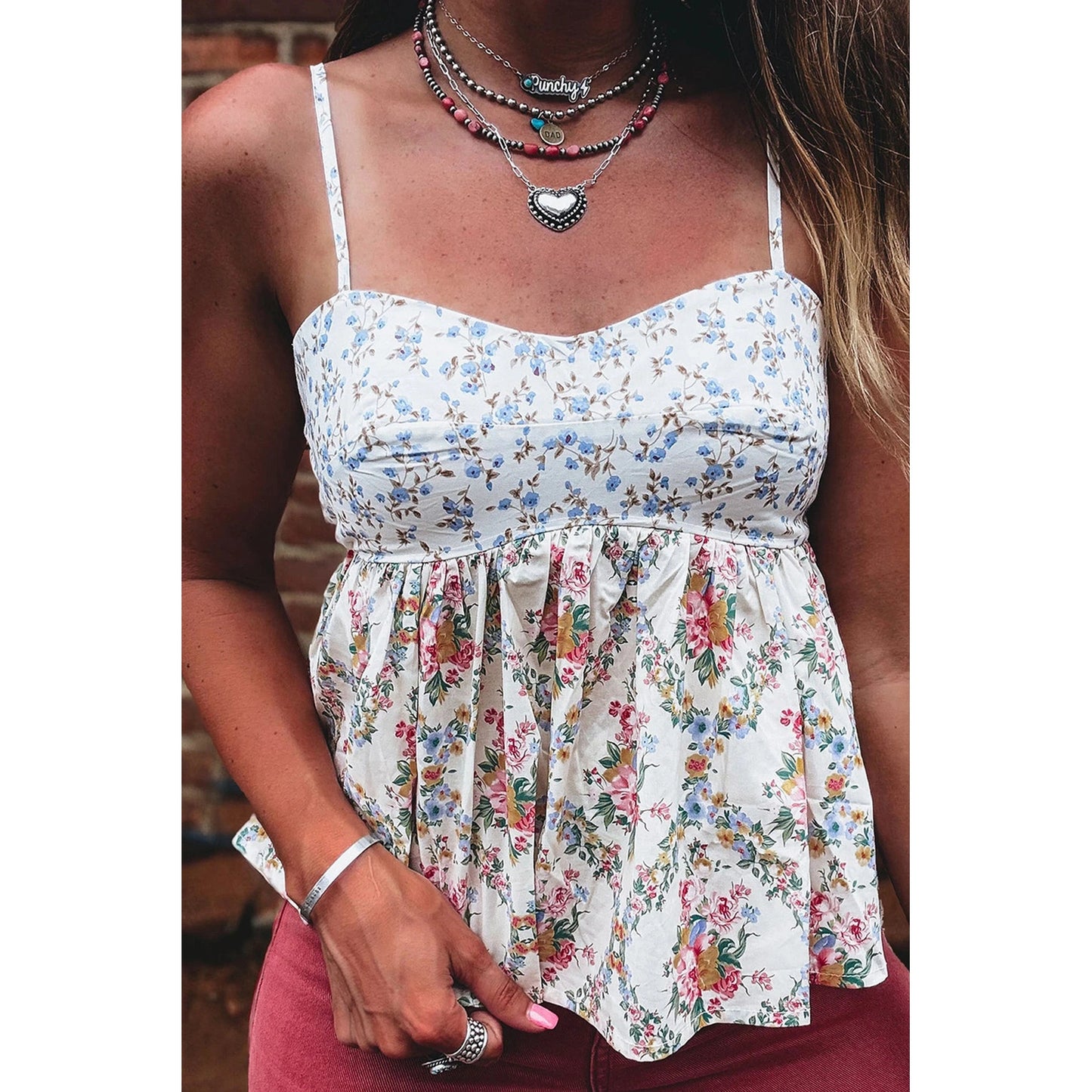 Brenna White Contrast Floral Printed Patchwork Spaghetti Straps Babydoll Top