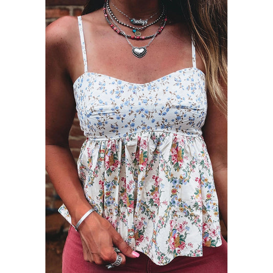 Brenna White Contrast Floral Printed Patchwork Spaghetti Straps Babydoll Top