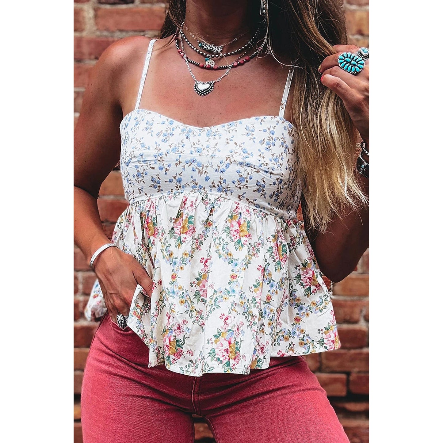 Brenna White Contrast Floral Printed Patchwork Spaghetti Straps Babydoll Top