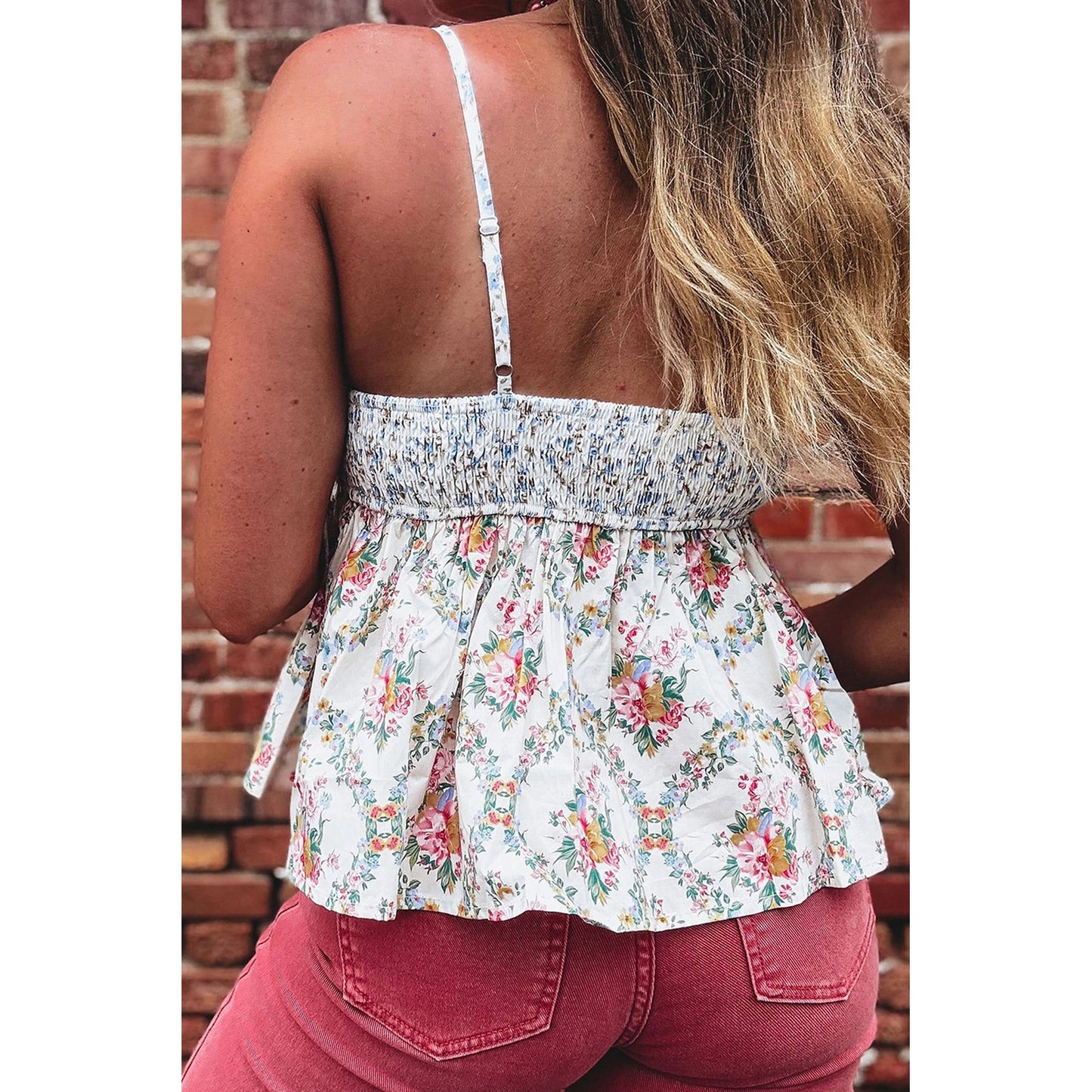 Brenna White Contrast Floral Printed Patchwork Spaghetti Straps Babydoll Top