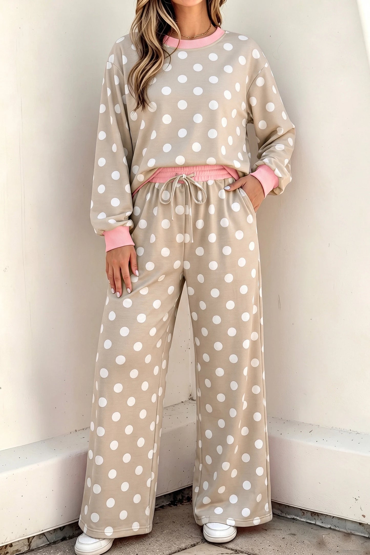 Brette Khaki Polka Dot Contrast Trim Long Sleeve Top Drawstring Shift Pants Set