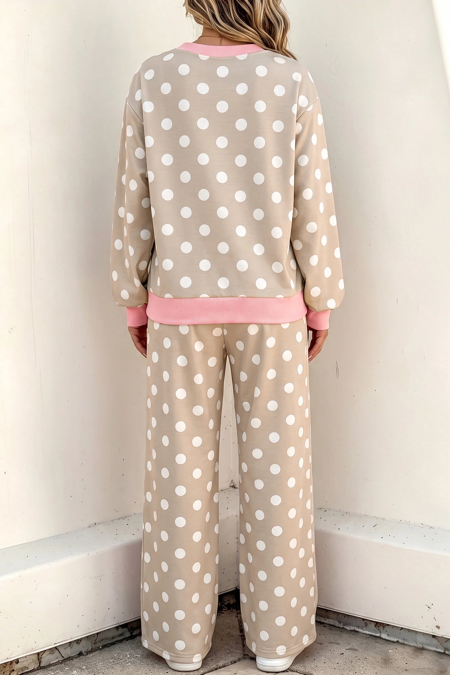 Brette Khaki Polka Dot Contrast Trim Long Sleeve Top Drawstring Shift Pants Set