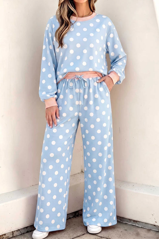 Brette Blue Polka Dot Contrast Trim Long Sleeve Top Drawstring Shift Pants Set (Copy)