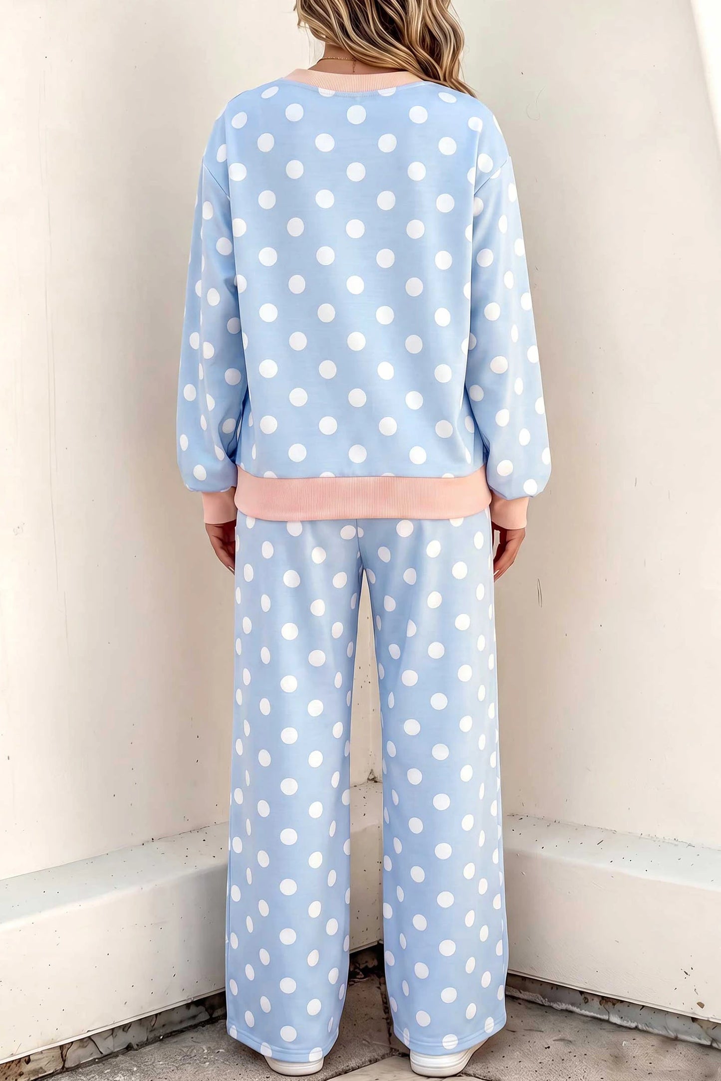 Brette Blue Polka Dot Contrast Trim Long Sleeve Top Drawstring Shift Pants Set (Copy)