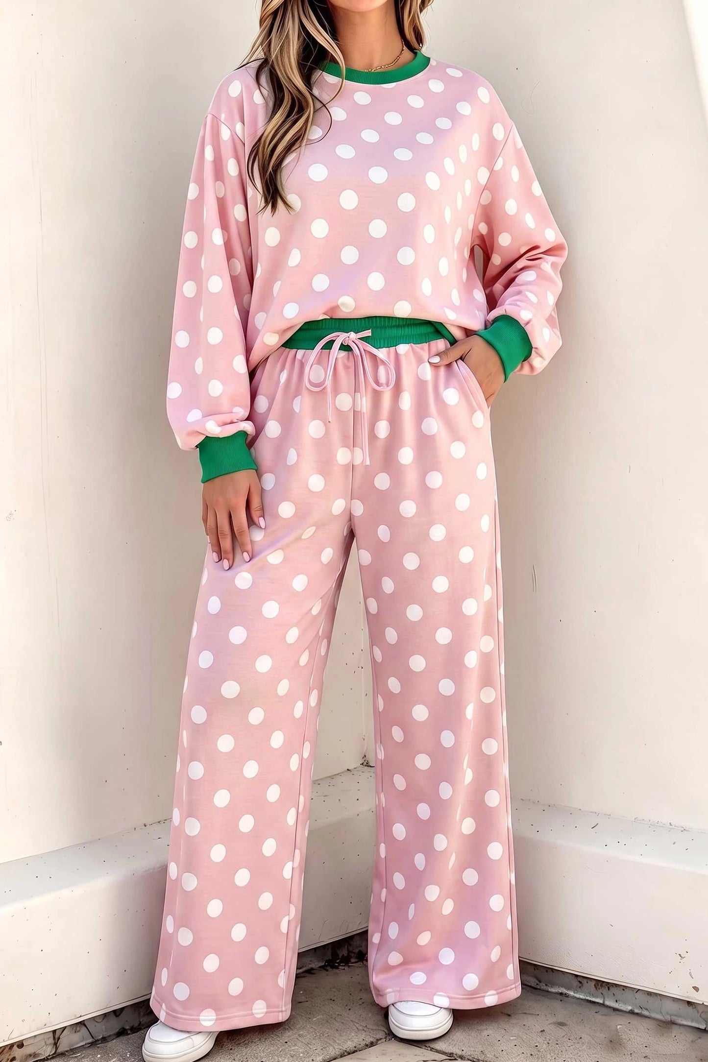 Brette Pink Polka Dot Contrast Trim Long Sleeve Top Drawstring Shift Pants Set