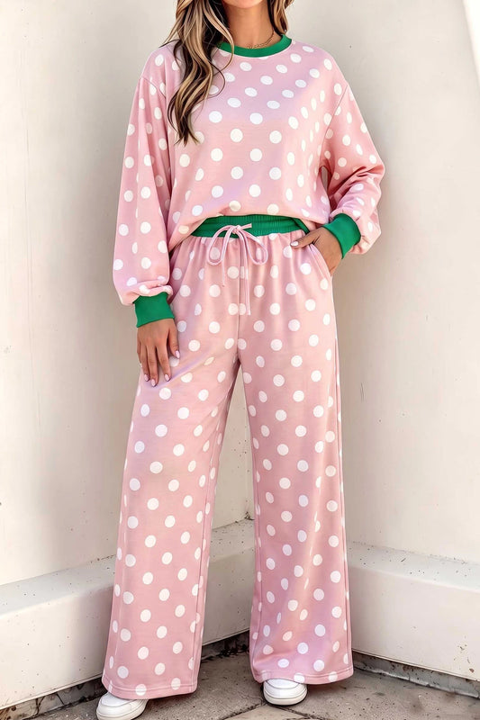 Brette Pink Polka Dot Contrast Trim Long Sleeve Top Drawstring Shift Pants Set