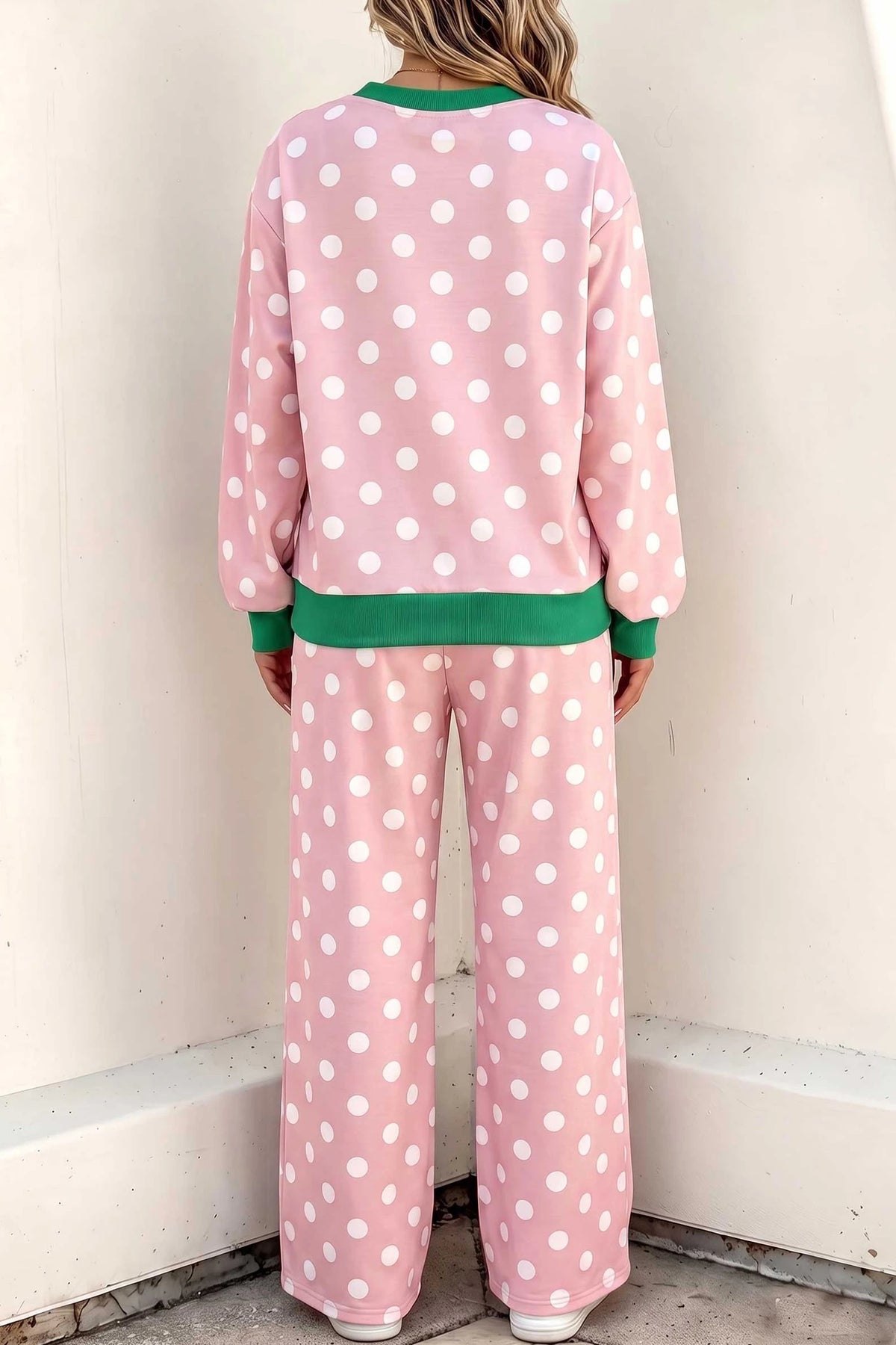 Brette Pink Polka Dot Contrast Trim Long Sleeve Top Drawstring Shift Pants Set