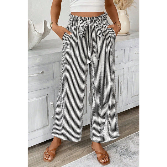 Brexli Black Stripe Tied High Waist Loose Straight Casual Pants