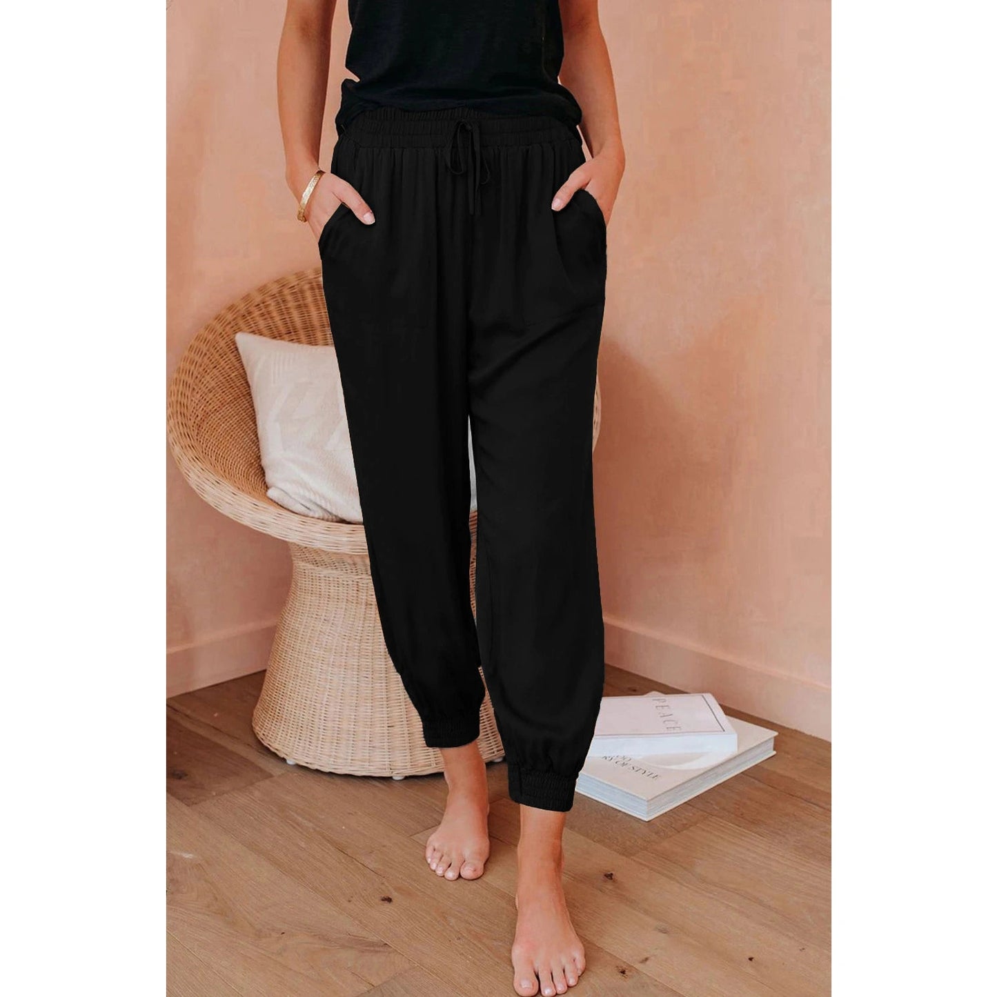 Bertie Black Drawstring Elastic Waistband Pocketed Cropped Jogger Pants