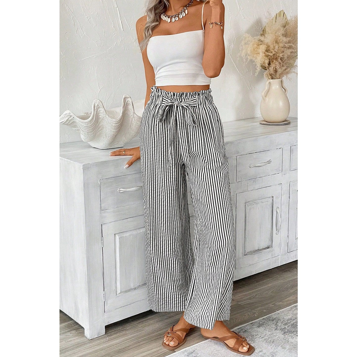 Brexli Black Stripe Tied High Waist Loose Straight Casual Pants