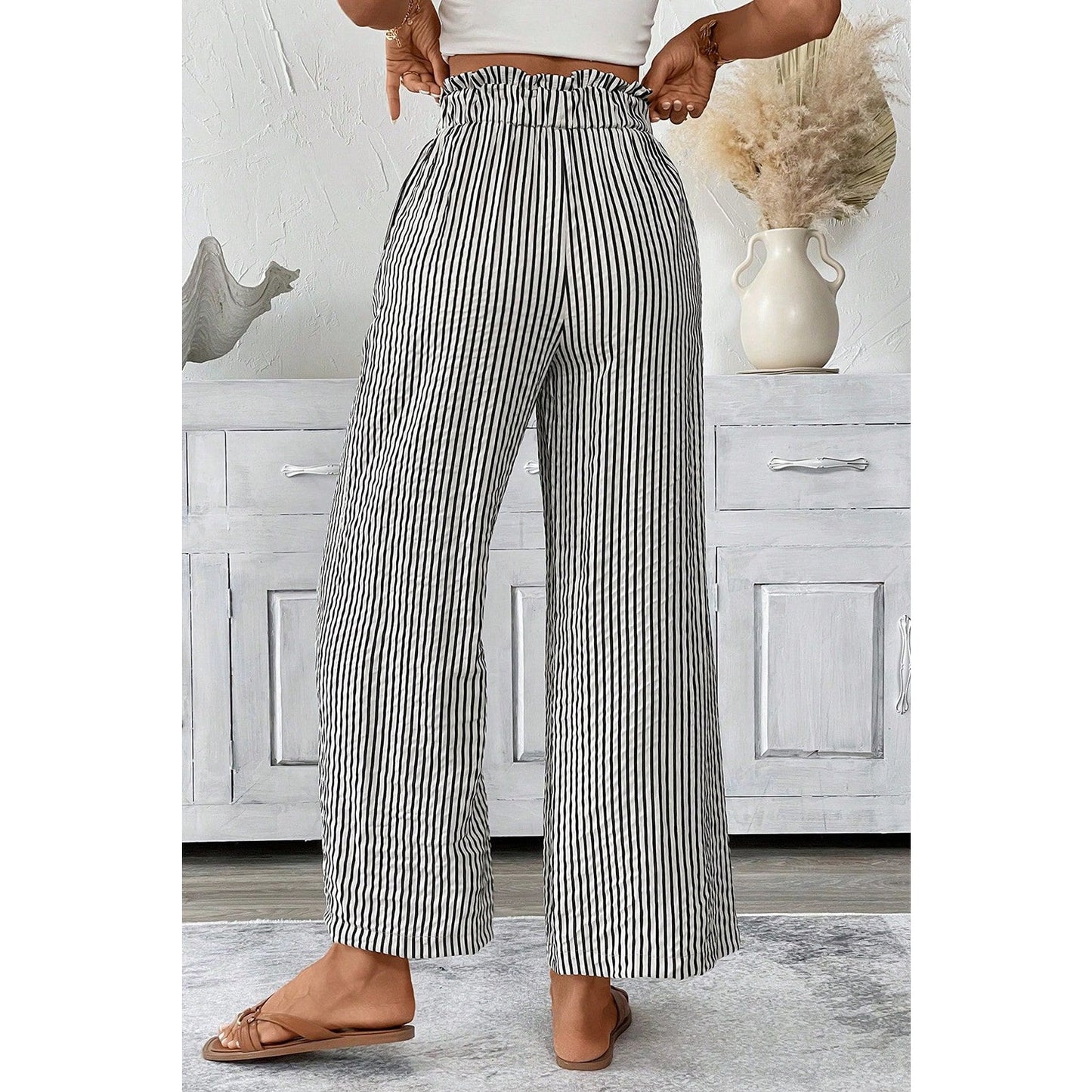 Brexli Black Stripe Tied High Waist Loose Straight Casual Pants